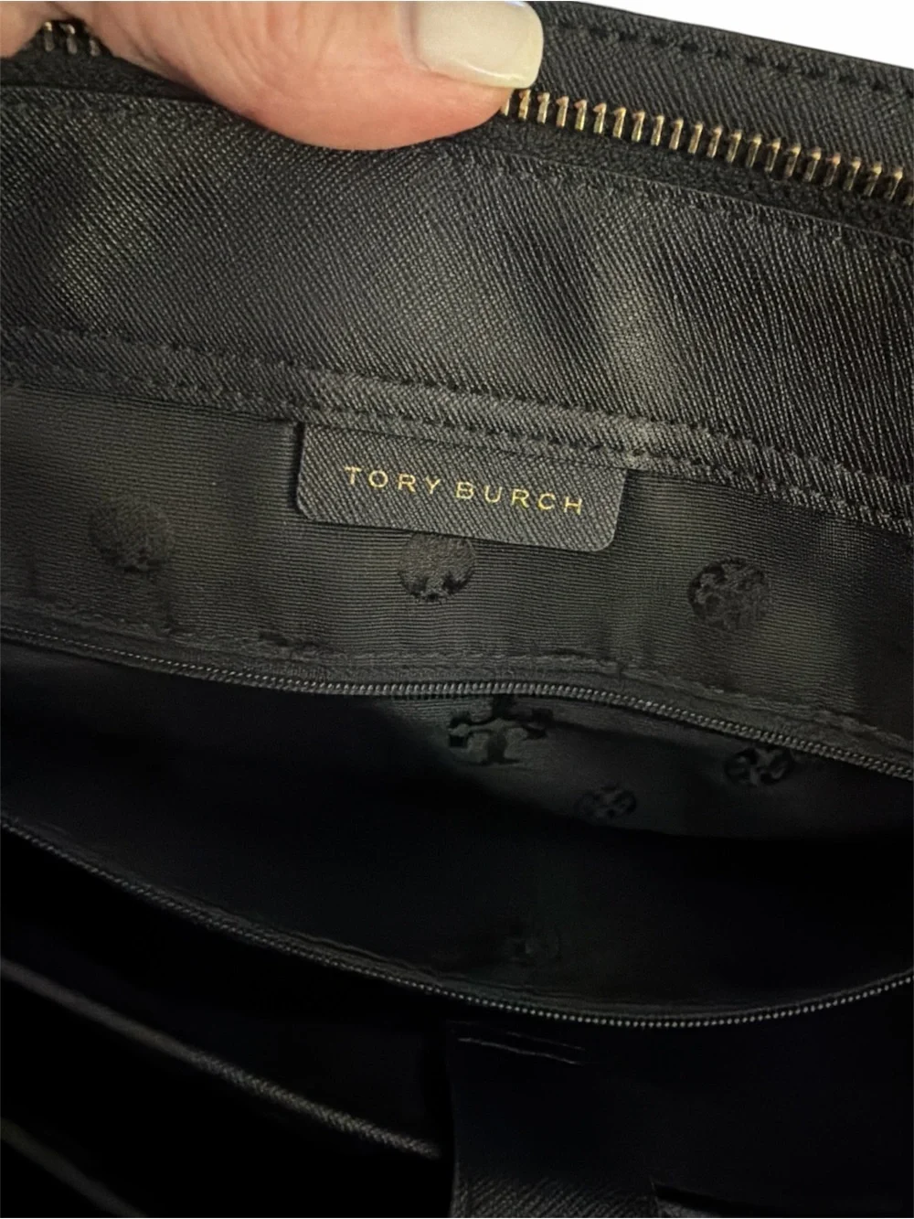 Tory Burch Black Leather Saffiano Tote with Gold Logo Emerson